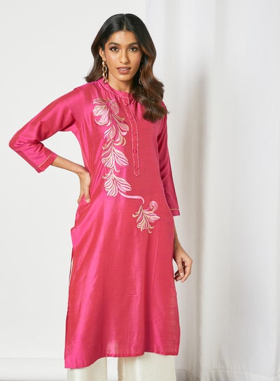 Buy Unique Fancy Work Mandarin Neck Kurta Pink in Saudi Arabia