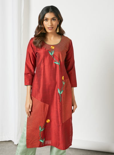 Buy All Over Handwork Round Neck Kurta Red in Saudi Arabia