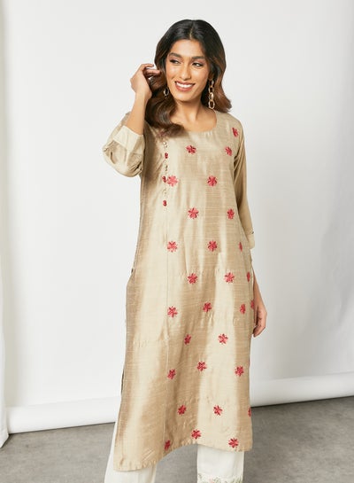 Buy All Over Contrast Handwork Kurta Beige in Saudi Arabia