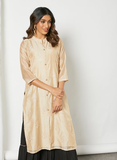 Buy All Over Hand Embellished Mandarin Neck Kurta Beige in Saudi Arabia