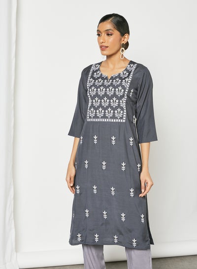 Buy Embroidered Pattern Notch Neck Mid Length Kurta Grey in Saudi Arabia