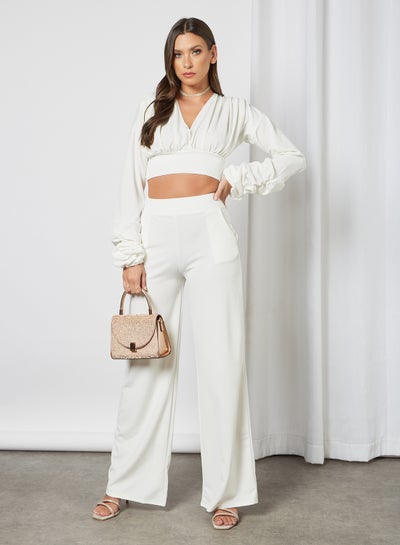 Buy V-Neck Crop Top and Pants Set (Pack of 2) White in Saudi Arabia