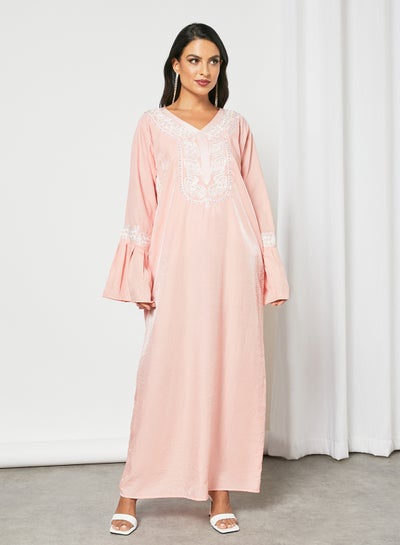 Buy Embellished Beaded V-Neck Jalabiya With Belt Pink in UAE