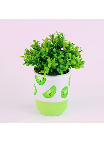 Buy Handmade Porcelain Pot With Artificial Green Plant Red&Gray 15x11cm in Egypt