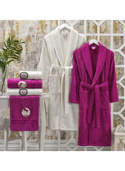 Buy 6-Piece Turkish Bathrobe and Towel Set Fuchsia/Off White One Sizecm in UAE