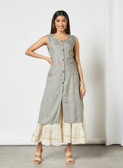 Buy Embroidered Hand Work Sleeveless Mid Length Kurti Grey in Saudi Arabia