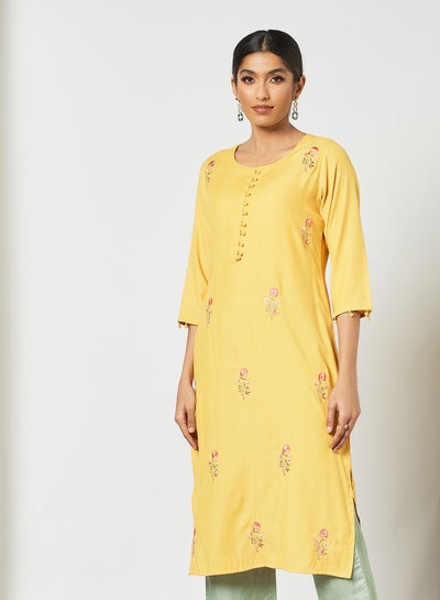 Buy Hand Embroidered Round Neck Mid Length Kurti Yellow in Saudi Arabia