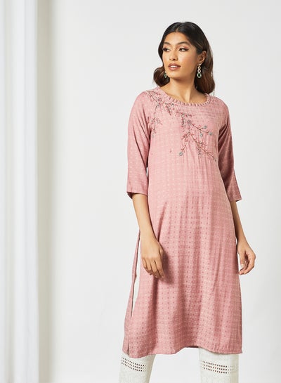 Buy Hand Embroidered Pleated Neck Mid Length Kurti Pink in Saudi Arabia