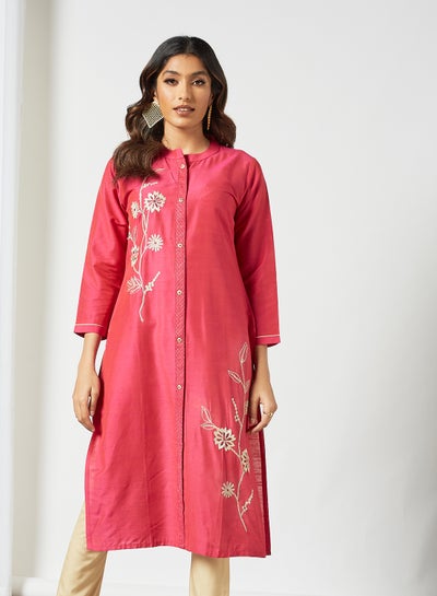 Buy Embroidered Handwork Mandarin Neck Mid Length Kurta Red in Saudi Arabia