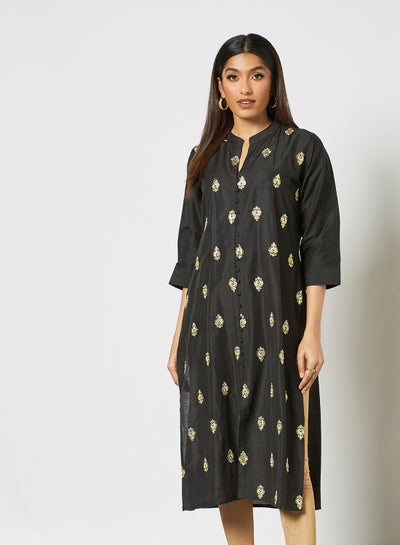 Buy Ethnic Embroidered Mandarin Neck Three Quarter Sleeve Kurta Black in Saudi Arabia