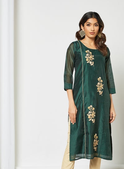 Buy Trendy Embroidered Handwork Mid Length Kurti Green in Saudi Arabia