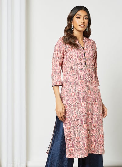 Buy Printed Ethnic Mandarin Neck Mid Length Kurta Multicolour in Saudi Arabia