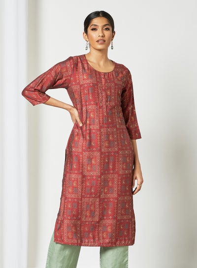 Buy Ethnic Printed Round Neck Mid Length Kurta Maroon in Saudi Arabia