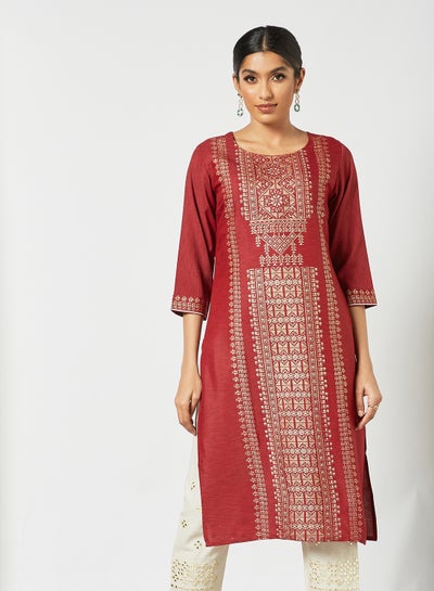 Buy Ethnic Printed Round Neck Mid Length Kurta Red/Gold in Saudi Arabia