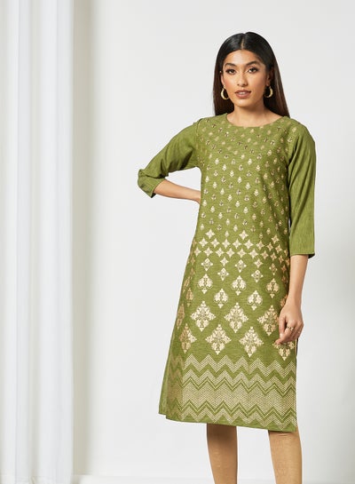 Buy Trendy Round Neck Three-Quarter Sleeve Kurta Green/Gold in Saudi Arabia