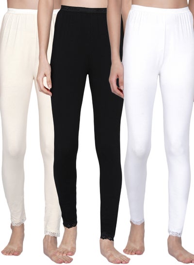 Buy 3 Piece Ultra Soft Tummy Support Stretchy Leggings Set Black/White/Cream in UAE