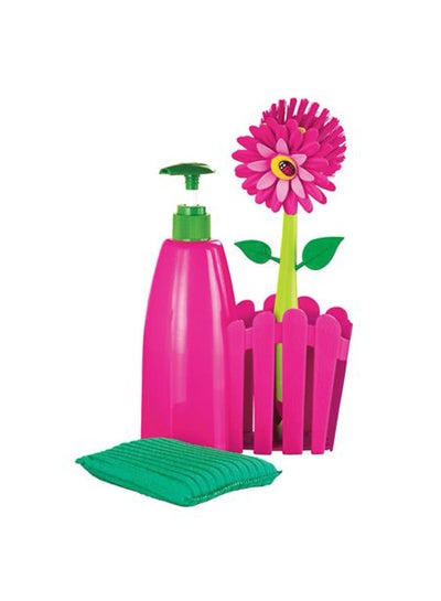 اشتري Lower Power 3-Piece Sink Caddy Set, Daisy-Shaped Dish Brush, Sponge And Fence-Shaped Holder With Suction Cup وردي 24.9 x 6.6 x 10.9سم في مصر