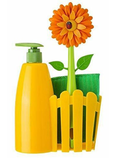 Buy Lower Power 3-Piece Sink Caddy Set, Daisy-Shaped Dish Brush, Sponge And Fence-Shaped Holder With Suction Cup Yellow 24.9 x 6.6 x 10.9cm in Egypt