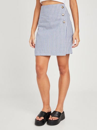 Buy Striped Button Detail Woven A-Line Mini Skirt Blue in Saudi Arabia