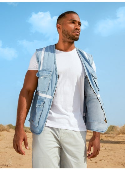 اشتري Contrast Taping Flap Pocket Detail Denim Jacket Light Blue في السعودية