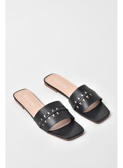 Buy Cut-Out Detail Broad Strap Flat Sandals Black in Saudi Arabia