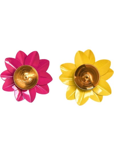 Buy 2-Piece Flower Shaped Oil Diya Yellow/Pink 10cm in UAE