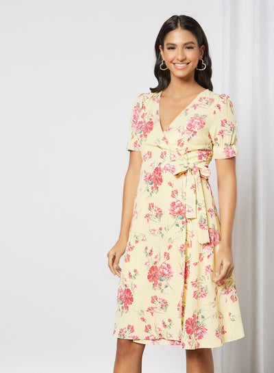 Buy Floral Print Wrap Dress Yellow in Saudi Arabia