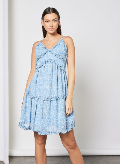 Buy Printed Ruffle Trim Dress Blue in UAE