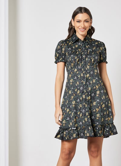 Buy Floral Print Shirt Dress Black in Saudi Arabia