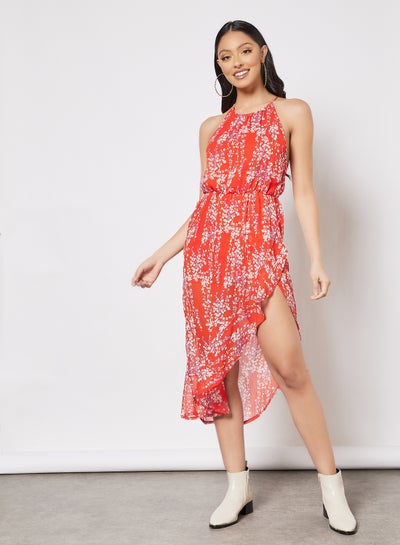 Buy Asymmetric Floral Print Dress Red in Saudi Arabia