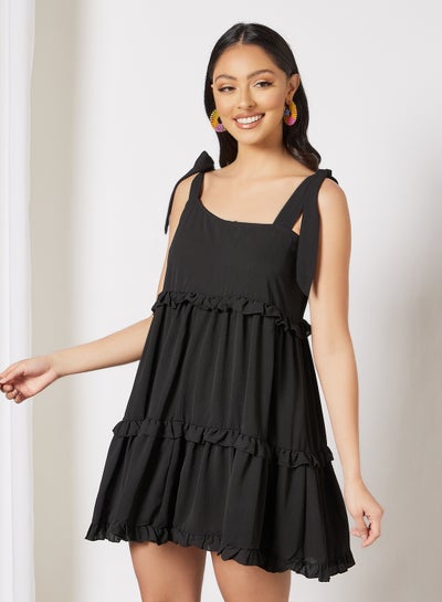 Buy Tie Shoulder Tiered Dress Black in Saudi Arabia