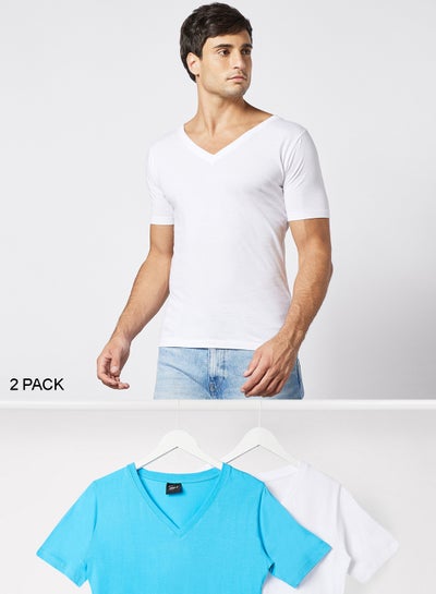 Buy Essential V Neck T-Shirt (Pack of 2) Blue/White in UAE