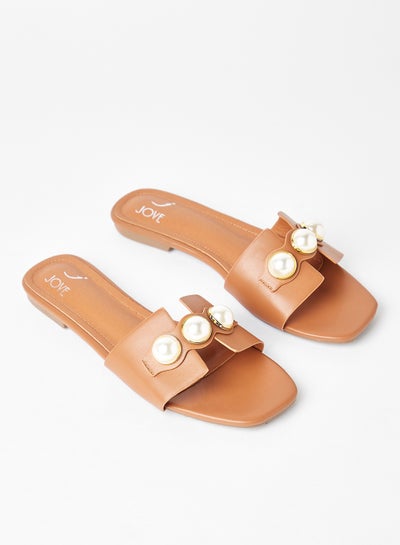 Buy Stylish Party Wear Flat Sandals Tan in Saudi Arabia