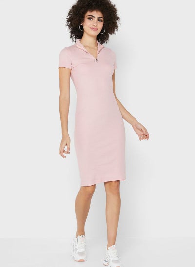 Buy Zipper Neck Bodycon Mini Dress Pink in UAE