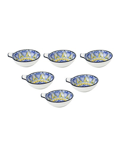 Buy 6-Piece Hand-Painted Bowl With Handle Blue/White 11.2x9.5x4cm in Saudi Arabia