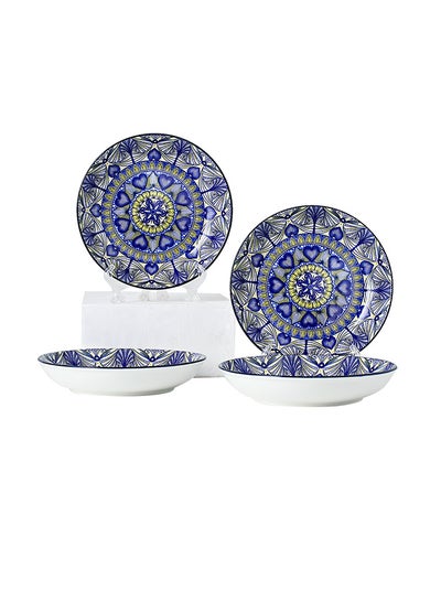 Buy 4-Piece Hand-Painted Round Plates Blue/White 20.5x20.5x4cm in Saudi Arabia