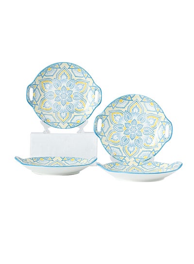 Buy 4-Piece Hand-Painted Round Plates Blue/Yellow 23.5x20x4cm in Saudi Arabia