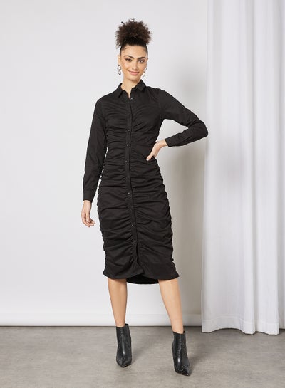 Buy Ruched Button Down Dress Black in Saudi Arabia