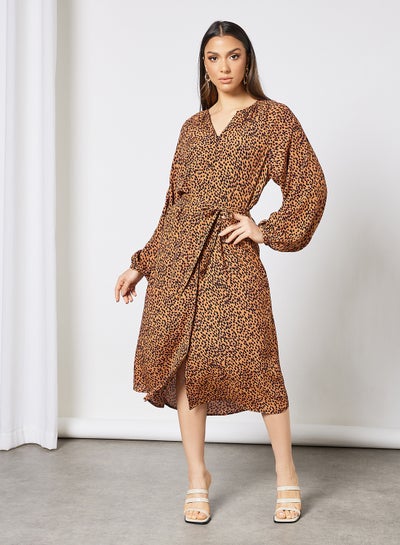 Buy Printed Tie Waist Dress Brown in Saudi Arabia