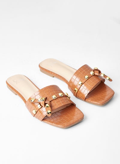 Buy Stylish Party Wear Flat Sandals Tan in Saudi Arabia