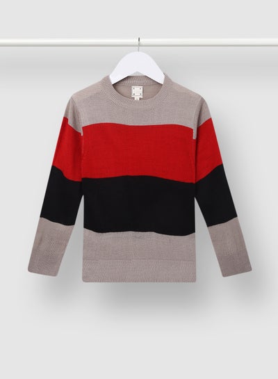 Buy Colourblock Pattern Crew Neck Sweater Grey/Red/Black in UAE