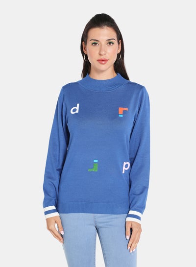 Buy Solid Pattern High Neck Pullover Blue/White in UAE