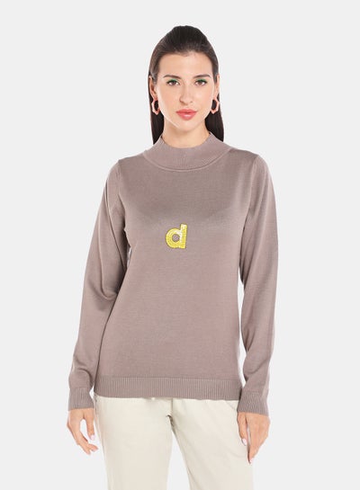 Buy Alphabet Printed High Neck Pullover Brown in UAE