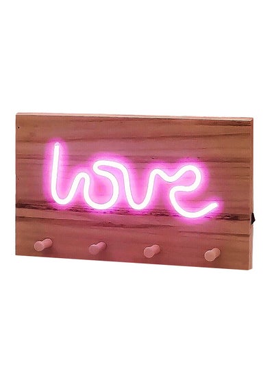 Buy Wooden Key Hooks Holder With Neon Love Sign LED Light Multicolour 35 x 17cm in UAE