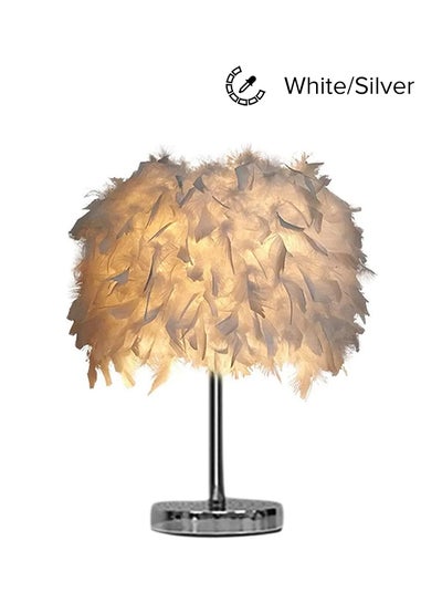 Buy Portable Modern Style Antique Designed Decorative Table Lamp With Feather Lampshade White/Silver 13x13x24cm in Saudi Arabia