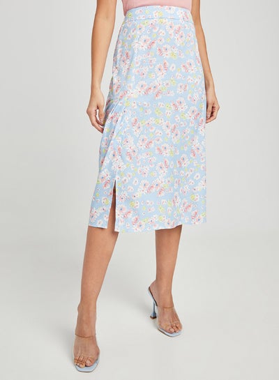 Buy Side Slit Floral Printed High Waist Midi Skirt Blue in Saudi Arabia