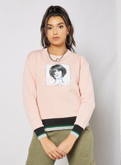 اشتري Graphic Printed Crew Neck Pullover Pink/Black/White في السعودية