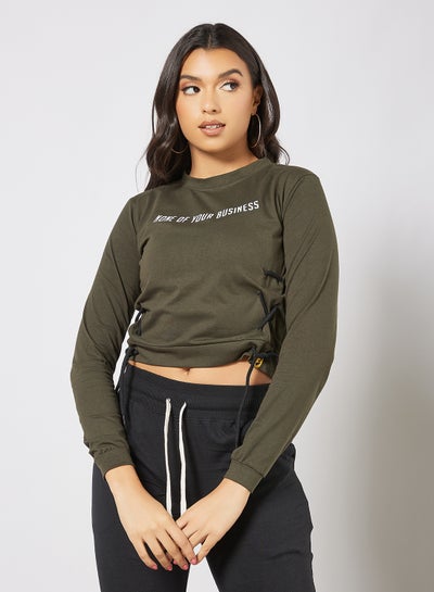 Buy Slogan Printed Cropped Sweatshirt Green/White in UAE