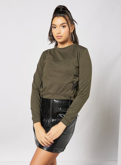 Buy Solid Pattern Cropped Sweatshirt Green in UAE