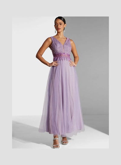 Buy Embroidered Detail Maxi Dress Purple in UAE